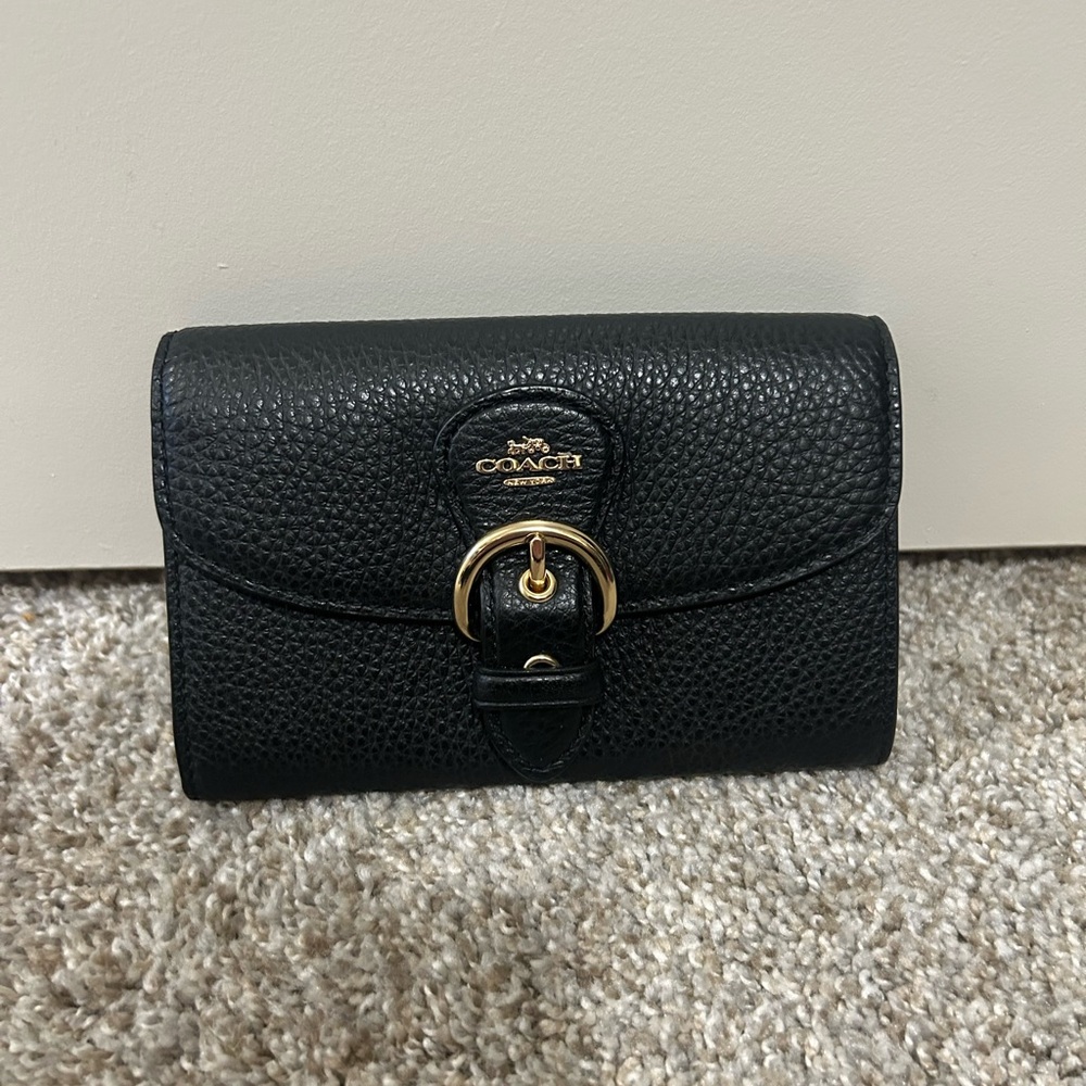 Coach Kleo Black Leather Wallet with Gold Accents